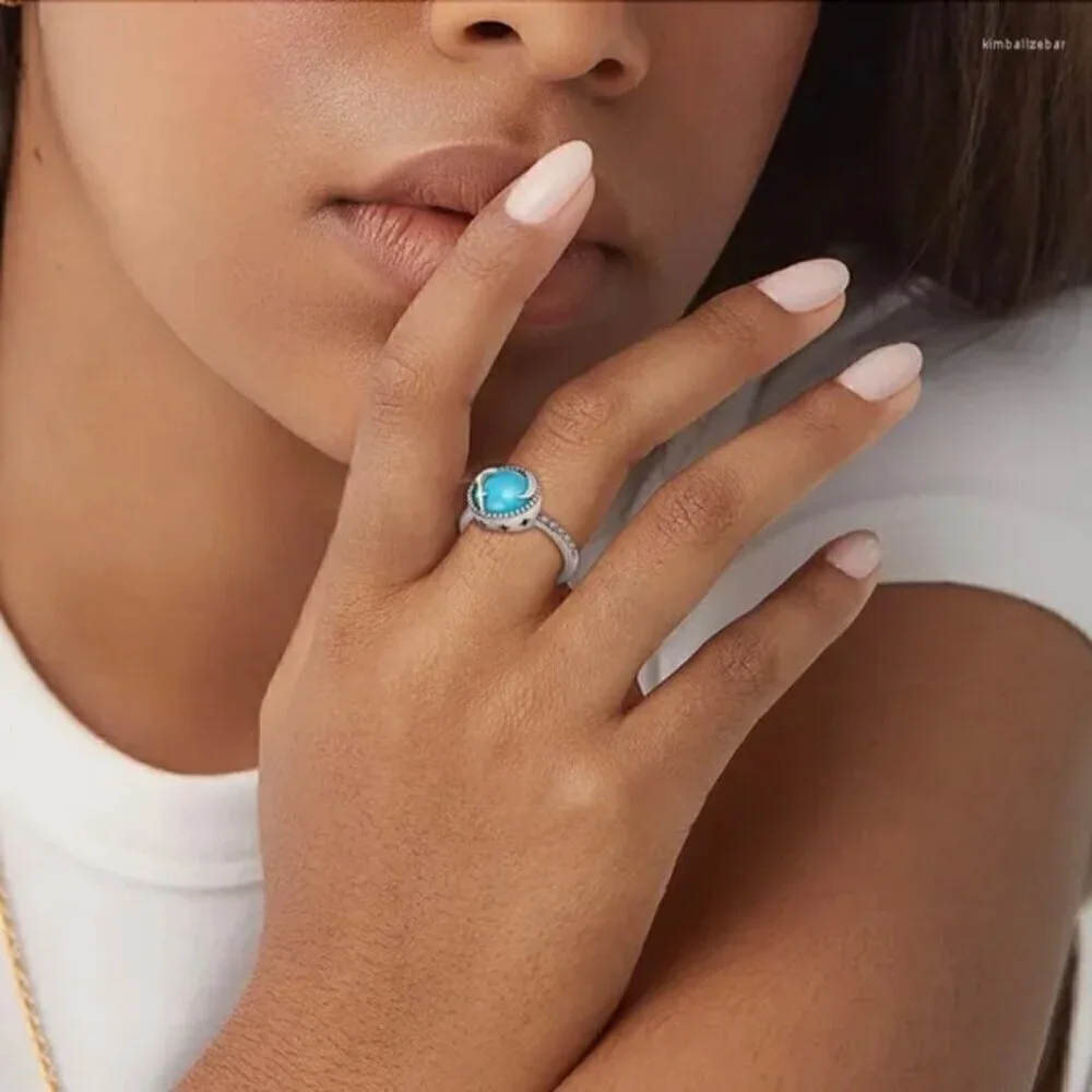 NWT Ring S925 Sterling Silver Stamped Star Moon CZ Turquoise Cabochon Sz. 7